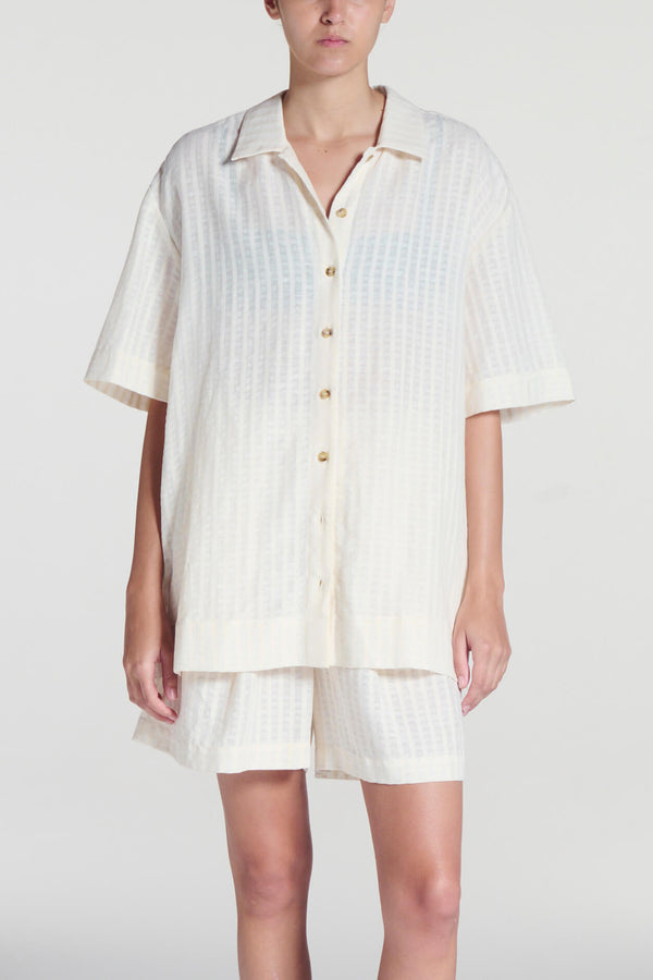 asceno Montauk Shirt Shell White Stripe Cotton Linen