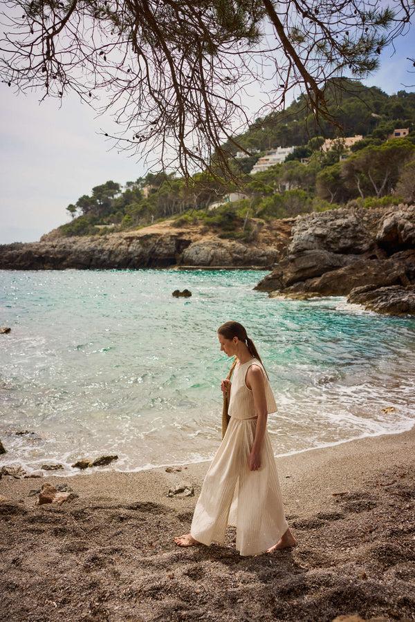 Asceno Rafaela Skirt Shell White Stripe Cotton Linen