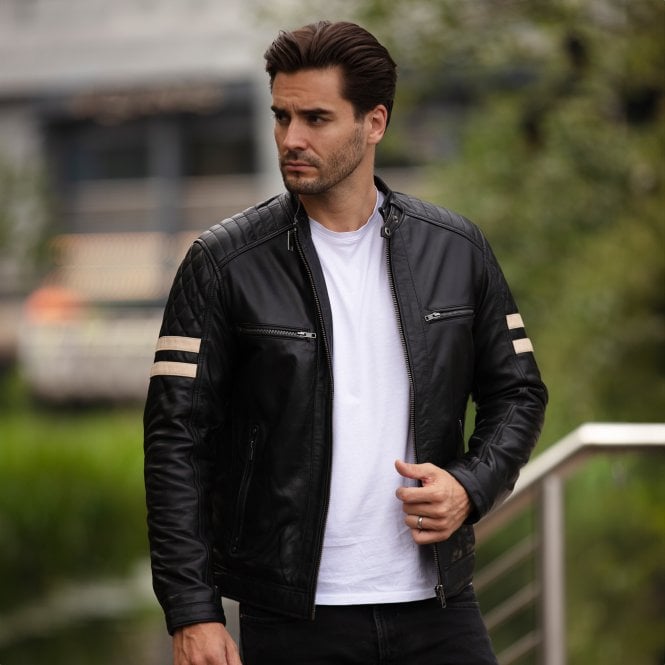 Ashwood Leather Ashwood Leather Biker Jacket With Bold Contrasting Stripe Black: AWM-NOVA