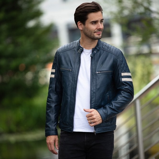 Ashwood Leather Ashwood Leather Biker Jacket With Bold Contrasting Stripe Navy: AWM-NOVA