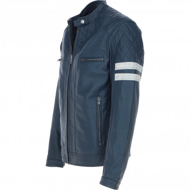 Ashwood Leather Ashwood Leather Biker Jacket With Bold Contrasting Stripe Navy: AWM-NOVA