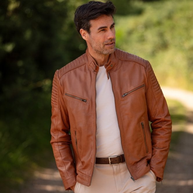 Ashwood Leather Mens Leather Biker Jacket Tan: Axel