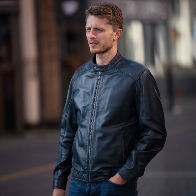 Ashwood Leather Ashwood Leather Studded-Button Collar Men's Biker Jacket Navy: NH-3