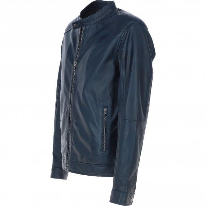 Ashwood Leather Ashwood Leather Studded-Button Collar Men's Biker Jacket Navy: NH-3