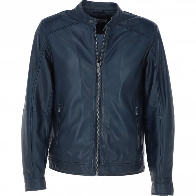 ashwood leather Ashwood Leather Studded-Button Collar Men's Biker Jacket Navy: NH-3
