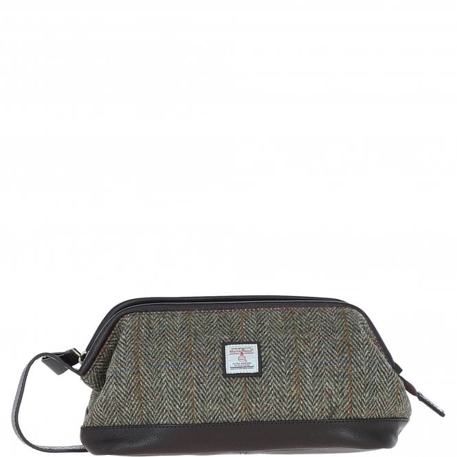 ashwood leather Ashwood Leather x Harris Tweed Unisex Washbag Brown/Green: TW-40-09-BG