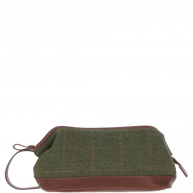 ashwood leather Ashwood Leather x Harris Tweed Unisex Washbag Tan/Green Check: TW-40-10-TGNH