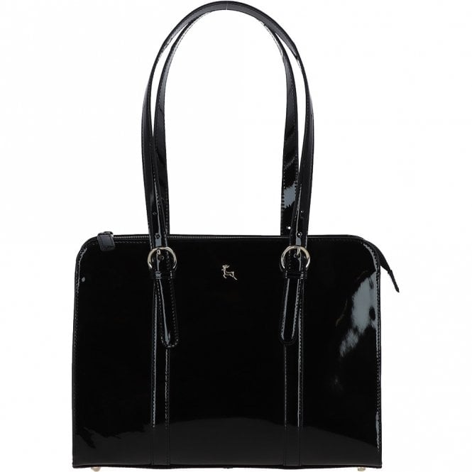 ashwood leather Ashwood Zip Top Patent Leather Handbag Black: A4 Buckle