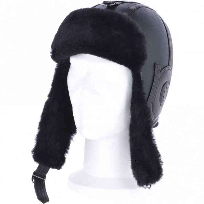 ashwood leather Classic Sheepskin Leather Pilot Hat Black : Belmont