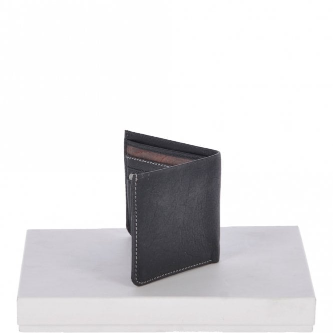 Ashwood Leather Cow Waxy Leather Classic 3 Card Bill-Fold And Coin Wallet Black : 1552