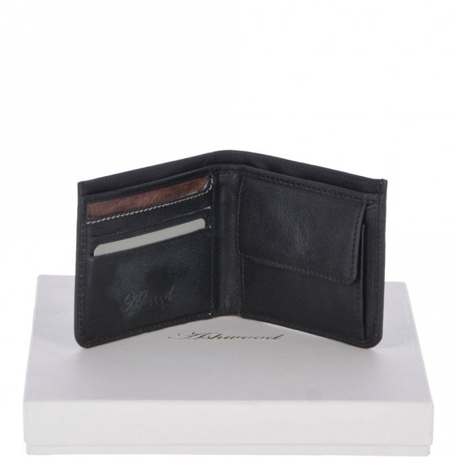 ashwood leather Cow Waxy Leather Classic 3 Card Bill-Fold and Coin Wallet Black : 1552