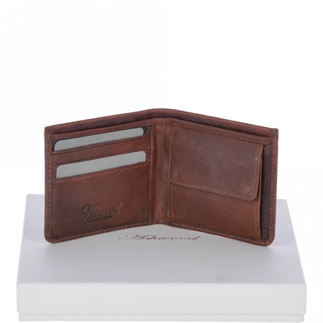 ashwood leather Cow Waxy Leather Classic 3 Card Bill-Fold and Coin Wallet Tan : 1552