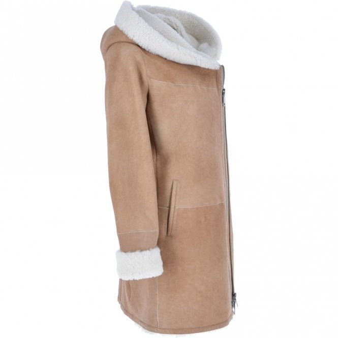 Ashwood Leather Ladies Hooded Sheepskin Coat Tan : Amber