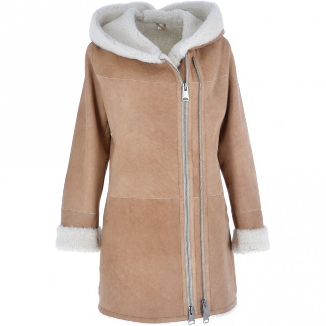 ashwood leather Ladies Hooded Sheepskin Coat Tan : Amber