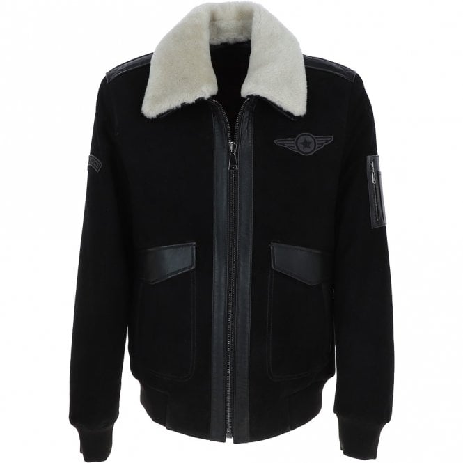ashwood leather Luxury Leather Pilot Jacket With Detachable Collar Black/cream: NC Air Force