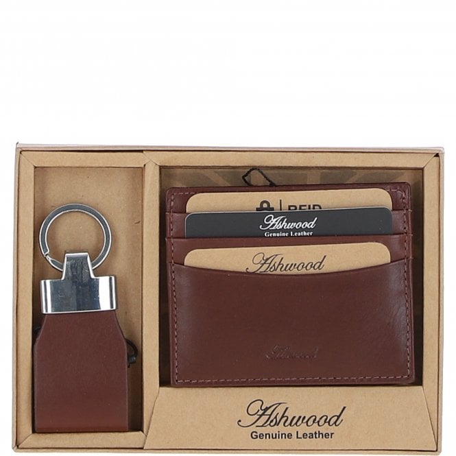 ashwood leather Men's Leather Card Holder & Key Ring Gift Set Chestnut: GS-1234
