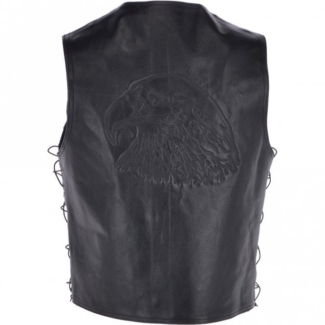 Ashwood Leather Men's Leather Embossed Laced Waistcoat Black : Eagle Biker Waistcoat