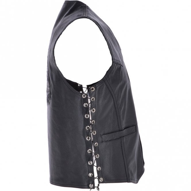 Ashwood Leather Men's Leather Embossed Laced Waistcoat Black : Eagle Biker Waistcoat