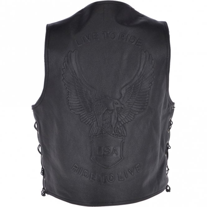 Ashwood Leather Men's Leather Embossed Laced Waistcoat Black : Live To Ride Biker Waistcoat