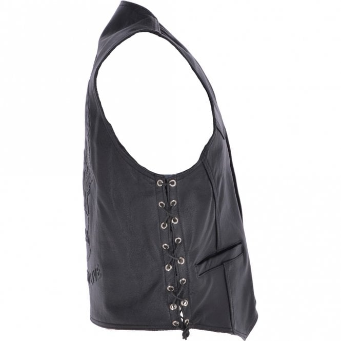 Ashwood Leather Men's Leather Embossed Laced Waistcoat Black : Live To Ride Biker Waistcoat