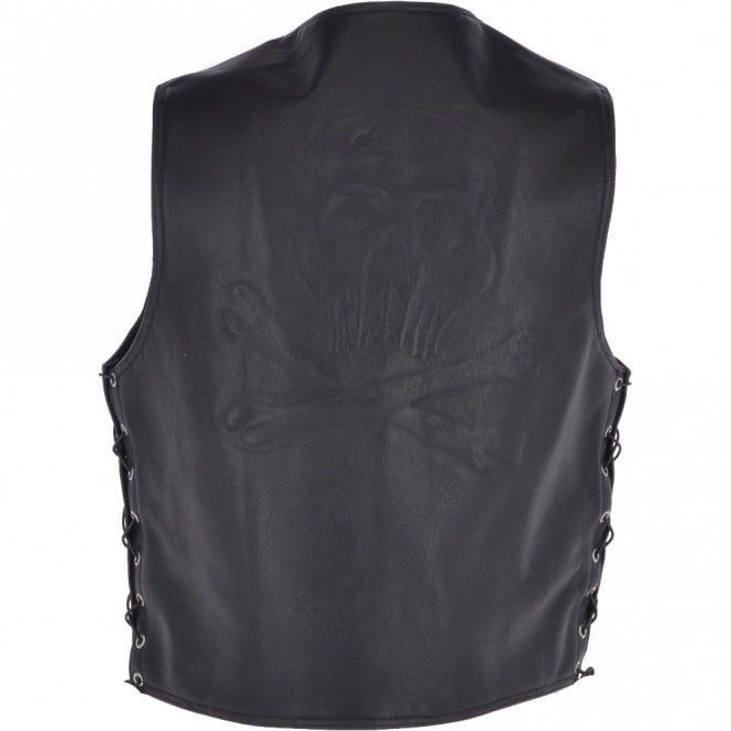 Ashwood Leather Men's Leather Embossed Laced Waistcoat Black : Skull Biker Waistcoat