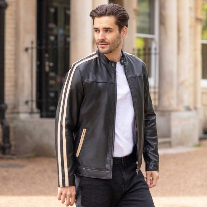 Ashwood Leather Men's Real Leather Biker Jacket With Cream Contrast Stripes Black: AWM-552