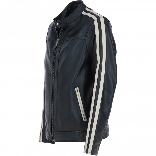 Ashwood Leather Men's Real Leather Biker Jacket With Cream Contrast Stripes Black: AWM-552