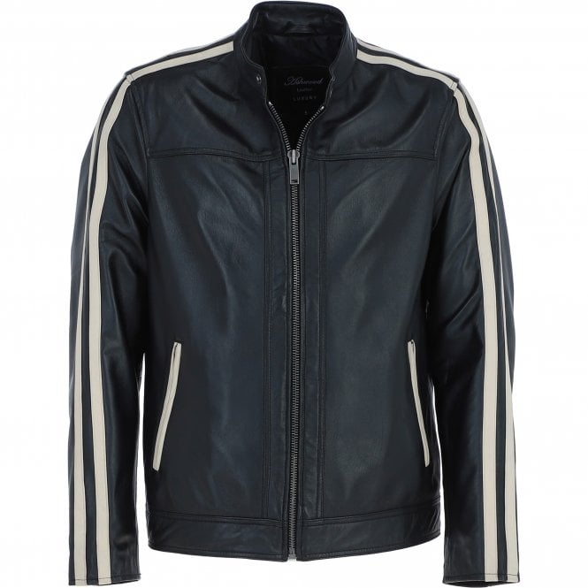 ashwood leather Men's Real Leather Biker Jacket with Cream Contrast stripes Black: AWM-552