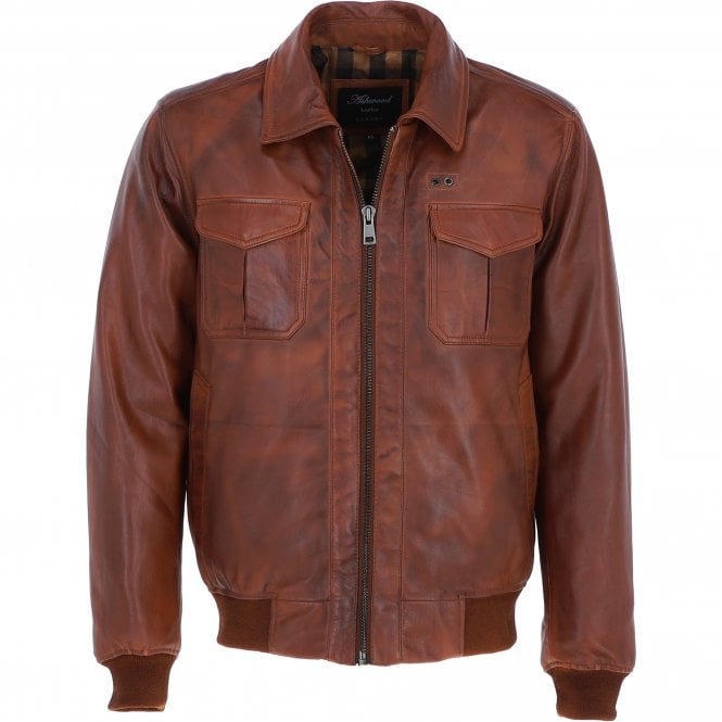 ashwood leather Men's Real Leather Bomber Jacket with Brando Collar Tan: AWM-Pointer
