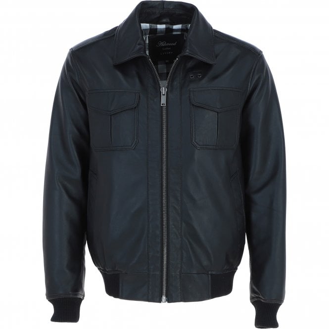 ashwood leather Men's Real Leather Bomber Jacket with Brando Collar Black: AWM-Pointer