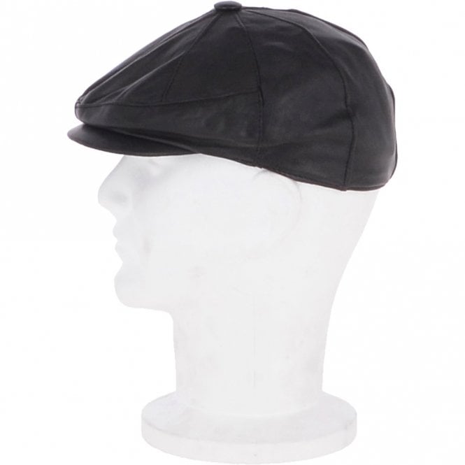 ashwood leather Men's Small Fitting 8 Panel Leather Flat Cap Black: Ares