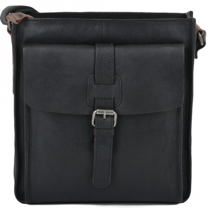ashwood leather Mens 3 Pocket Medium Leather Messenger Bag Black : 4552