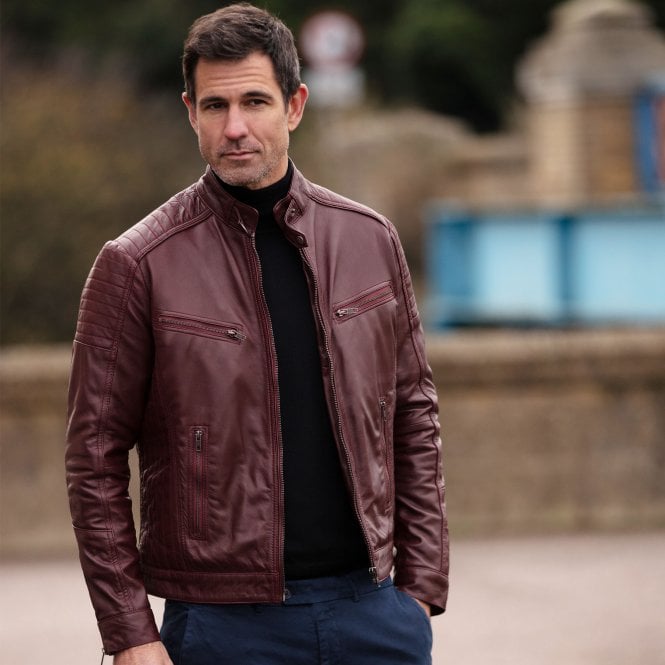 Ashwood Leather Mens Leather Biker Jacket Burgundy: Axel