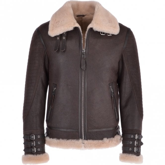 ashwood leather Mens Luxury Shearling Biker/ Flying Jacket Brown/ Cream : Torsten