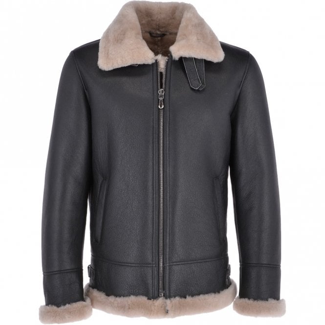 ashwood leather Mens Luxury Shearling Flying Jacket Black/cream : Vander