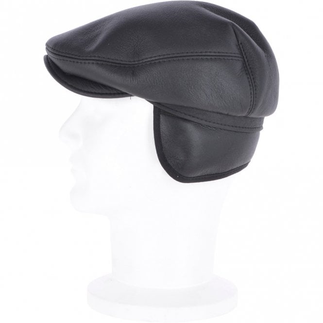 Ashwood Leather One Piece Sheepskin Leather Flat Cap Black : Cheshire