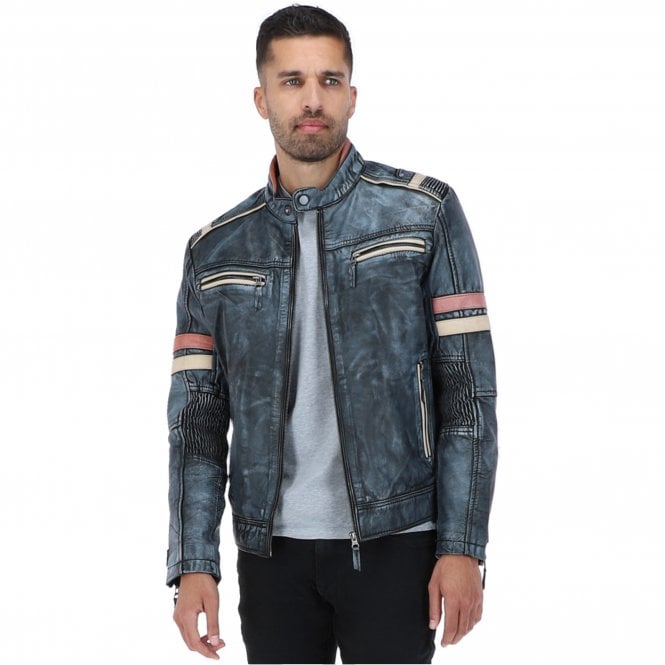 Ashwood Leather Vintage Leather Biker Jacket Blue/ Black : Jaxon