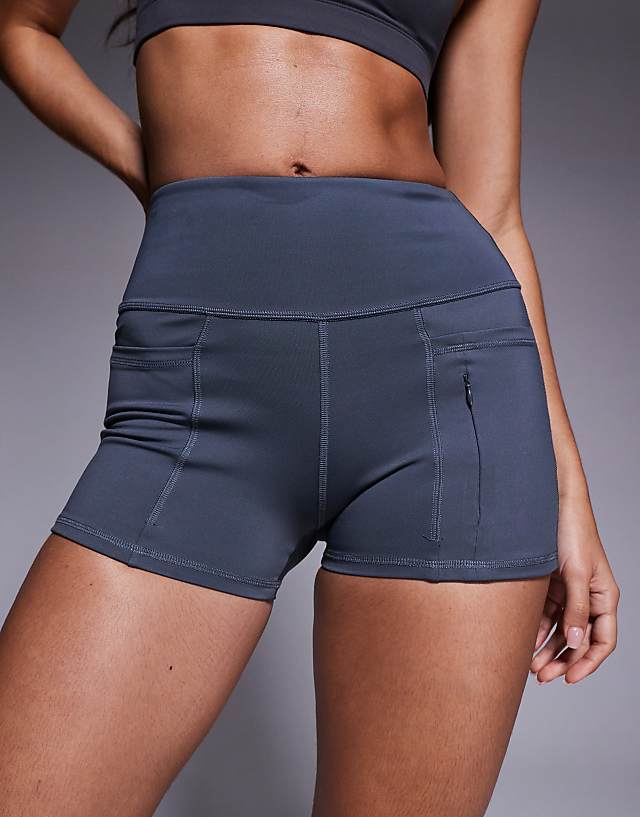 Asos 4505 3 Inch High Waist Running Shorts With Zip Phone Pocket In Iron Grey