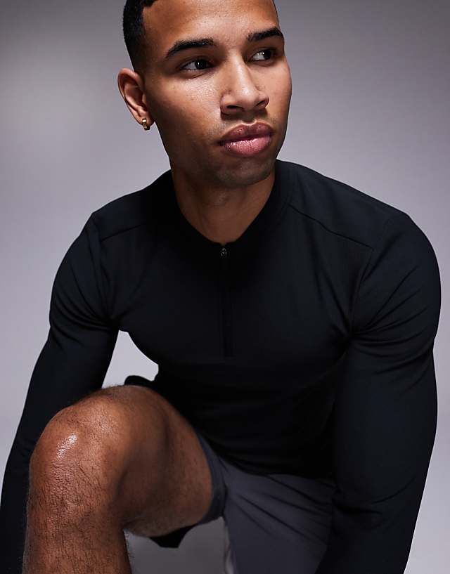 Asos 4505 Active Rib Slim Fit Long Sleeve Zip Up Training Top In Black