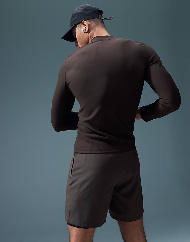 Asos 4505 Active Rib Slim Fit Long Sleeve Zip Up Training Top In Dark Brown