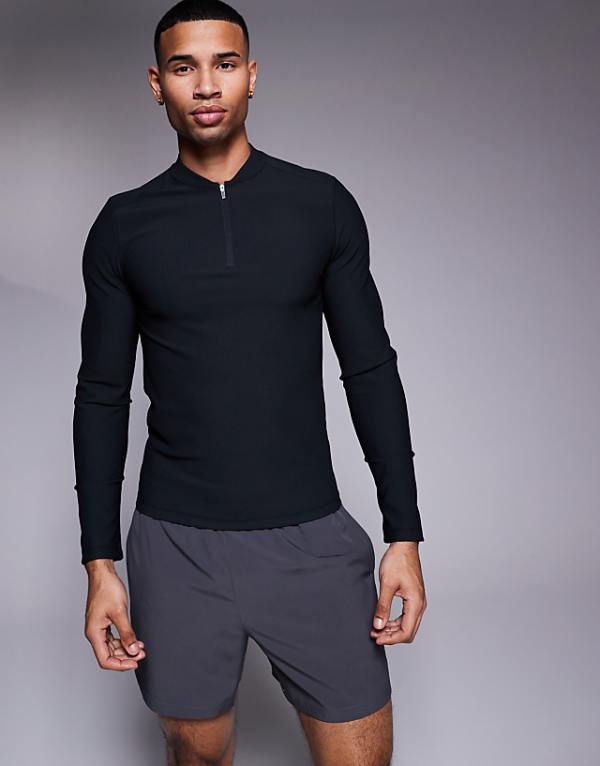 asos 4505 active rib slim fit long sleeve zip up training top in black