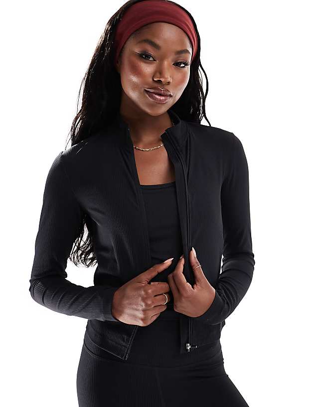 asos 4505 active rib zip up performance track top in black