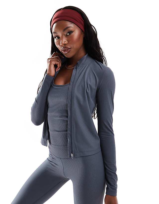 asos 4505 active rib zip up performance track top in navy