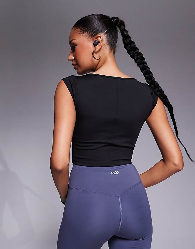 Asos 4505 Active Square Neck Cap Sleeve Top In Black