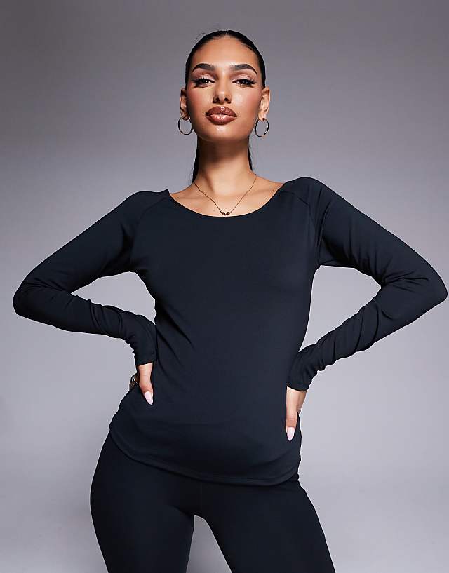asos 4505 boat neck long sleeve active dance top in black