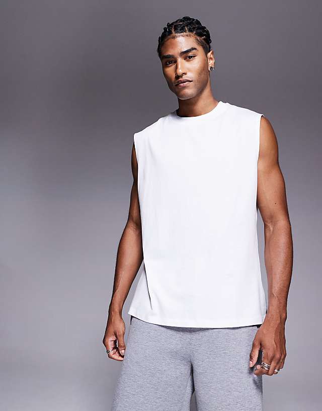 Asos 4505 Boxing Back Print Oversized Heavyweight Cotton Tank With Quick Dry Finish In White