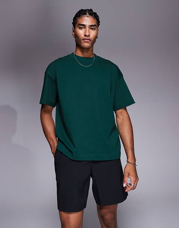 asos 4505 boxy cropped heavyweight cotton training t-shirt with quick dry finish in pine green