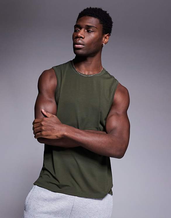 asos 4505 brushed finishing training tank with dropped armhole in dark green