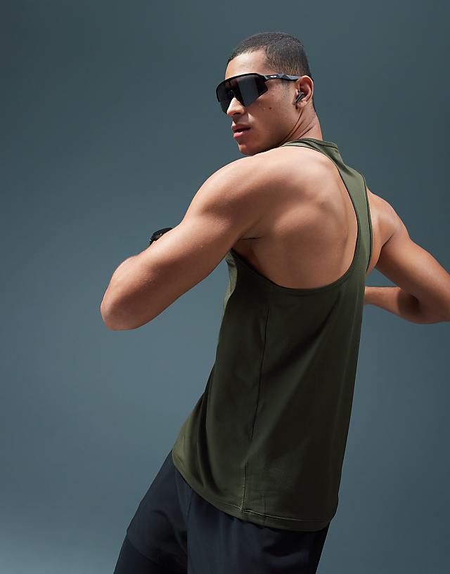 Asos 4505 Chest Graphic Racer Back Mesh Running Tank In Khaki