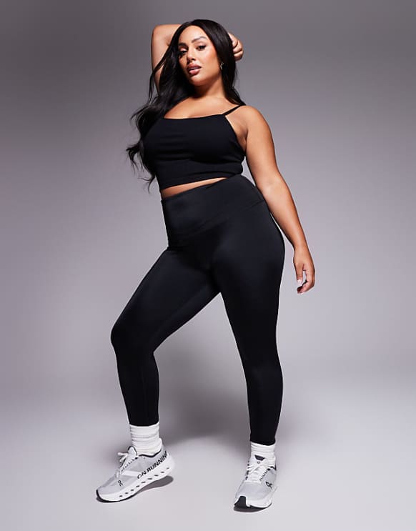 asos 4505 Curve Icon active bum sculpt high waist gym legging with inner pocket in black high shine